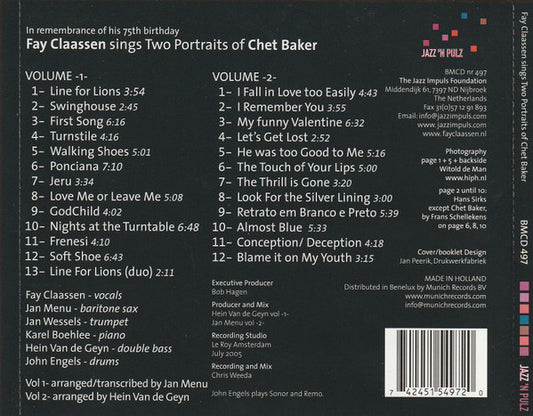 Fay Claassen : Fay Claassen Sings Two Portraits Of Chet Baker (In Remembrance Of His 75th Birthday) (2xCD, Album, Comp, RE)