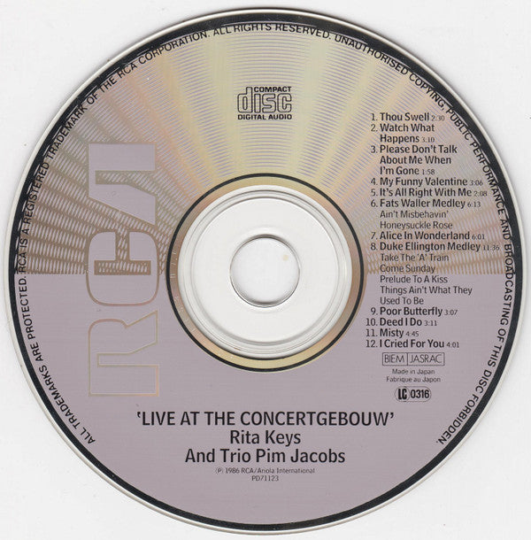 Rita Reys, The Pim Jacobs Trio, Louis Van Dijk : Live At The Concertgebouw (CD, Album)
