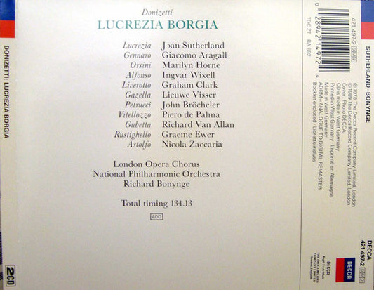 Gaetano Donizetti - Joan Sutherland, Marilyn Horne, Giacomo Aragall, Ingvar Wixell, National Philharmonic Orchestra, Richard Bonynge : Lucrezia Borgia (2xCD, Album, RE, RM)