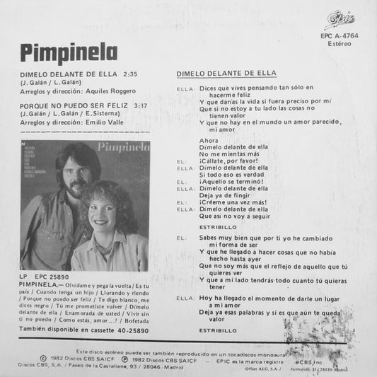 Pimpinela : Dimelo Delante De Ella (7", Single)