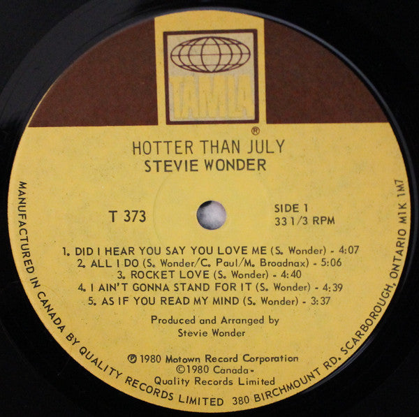 Stevie Wonder : Hotter Than July (LP, Album, Gat)