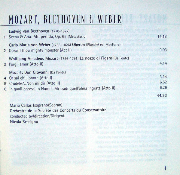 Wolfgang Amadeus Mozart, Ludwig van Beethoven, Carl Maria von Weber / Maria Callas, Orchestre De La Société Des Concerts Du Conservatoire, Nicola Rescigno : Mozart, Beethoven, Weber: Arias = Airs = Arien (CD, Album, RE, RM)