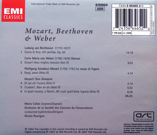 Wolfgang Amadeus Mozart, Ludwig van Beethoven, Carl Maria von Weber / Maria Callas, Orchestre De La Société Des Concerts Du Conservatoire, Nicola Rescigno : Mozart, Beethoven, Weber: Arias = Airs = Arien (CD, Album, RE, RM)