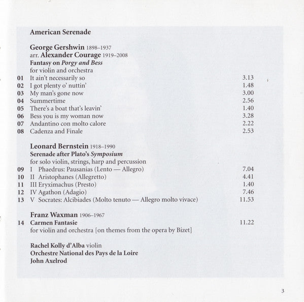 Rachel Kolly D'Alba, Leonard Bernstein ∙ Franz Waxman ∙ George Gershwin, Orchestre National Des Pays De La Loire ∙ John Axelrod : American Serenade (CD, Album)