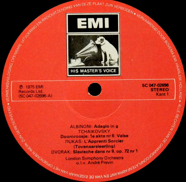 Tomaso Albinoni / Paul Dukas / Antonín Dvořák / Pyotr Ilyich Tchaikovsky / Sergei Prokofiev, André Previn, London Symphony Orchestra : Adagio / Doornroosje / L'Apprenci Sorcier / Slavische Dans / Ouverture Solennelle "1812" / Luitenant Kijé Suite (LP, Comp, Gat)