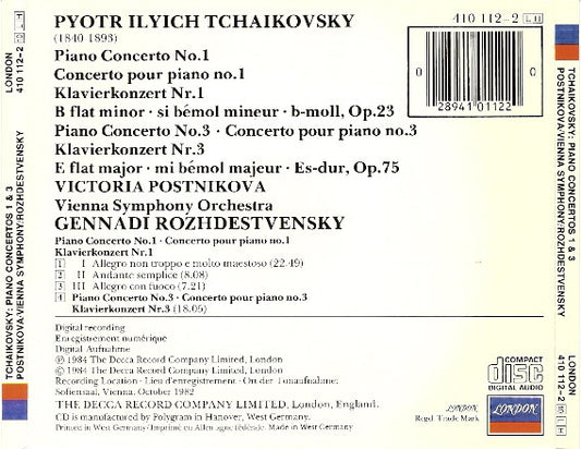 Pyotr Ilyich Tchaikovsky, Victoria Postnikova, Wiener Symphoniker, Gennadi Rozhdestvensky : Piano Concertos Nos. 1 & 3 (CD, Album, RP)