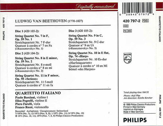 Ludwig van Beethoven, Quartetto Italiano : The Middle String Quartets = Die Mittleren Streichquartette = Quatuors À Cordes Op. 59, 74 & 95 (3xCD, Comp, RE, RM)