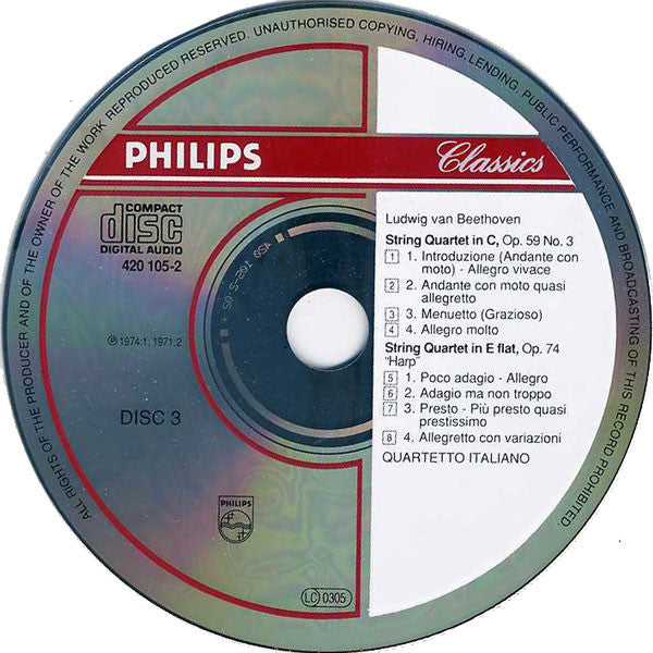 Ludwig van Beethoven, Quartetto Italiano : The Middle String Quartets = Die Mittleren Streichquartette = Quatuors À Cordes Op. 59, 74 & 95 (3xCD, Comp, RE, RM)