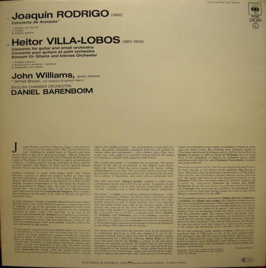 Joaquín Rodrigo / Heitor Villa-Lobos - John Williams (7), Daniel Barenboim, English Chamber Orchestra : Concierto De Aranjuez / Concerto For Guitar (LP, RE, Gat)