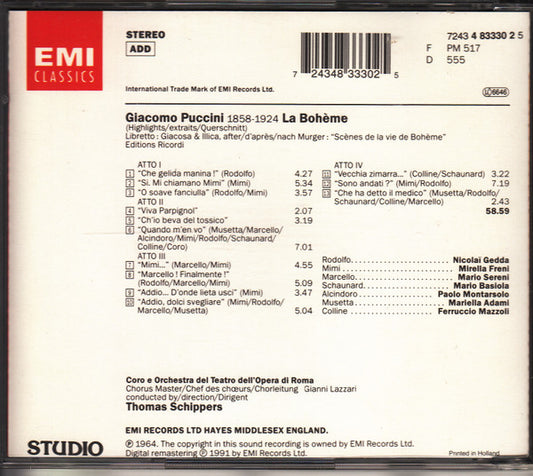 Giacomo Puccini - Mirella Freni, Nicolai Gedda, Orchestra Del Teatro Dell'Opera Di Roma E Coro Del Teatro Dell'Opera Di Roma, Thomas Schippers : Puccini - La Bohème Highlights/Extraits/Querschnitt (CD, Comp, RE, RM)