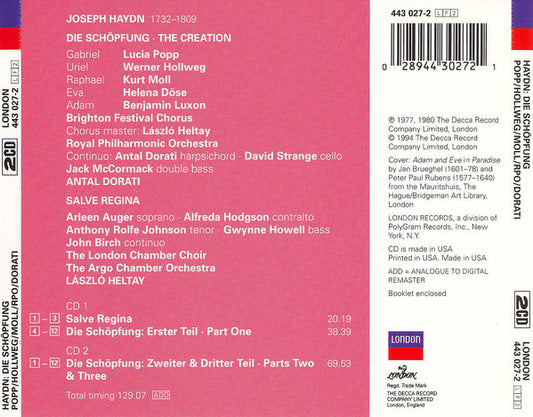 Joseph Haydn - Lucia Popp • Helena Döse • Werner Hollweg • Kurt Moll • Benjamin Luxon • Brighton Festival Chorus • Royal Philharmonic Orchestra • Antal Dorati : Die Schöpfung / Salve Regina (2xCD, Comp, RE, RM)