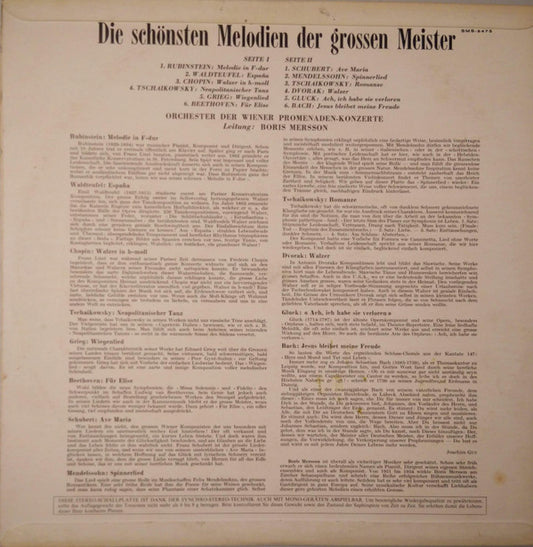 Wiener Promenadenorchester, Boris Mersson, Anton Rubinstein, Emil Waldteufel, Frédéric Chopin, Pyotr Ilyich Tchaikovsky, Edvard Grieg, Ludwig van Beethoven, Franz Schubert, Felix Mendelssohn-Bartholdy, Antonín Dvořák, Christoph Willibald Gluck, Johann Seb : Die Schönsten Melodien Der Grossen Meister (LP)