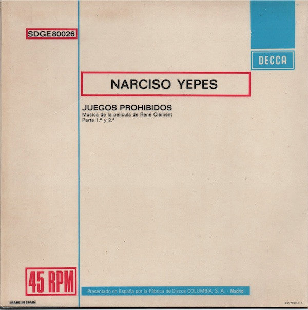 Narciso Yepes : Juegos Prohibidos (7", Single, RE)