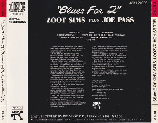 Zoot Sims Plus Joe Pass : Blues For 2 (CD)