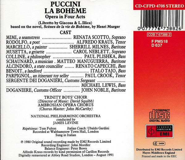 Giacomo Puccini - Renata Scotto, Alfredo Kraus, Sherrill Milnes, Carol Neblett, Matteo Manuguerra, Paul Plishka, Renato Capecchi, Italo Tajo, The Ambrosian Opera Chorus, National Philharmonic Orchestra, James Levine (2) : La Bohème (2xCD + Box)