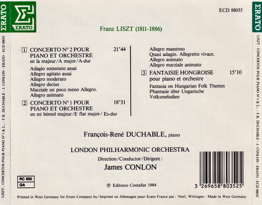 Franz Liszt - François-René Duchâble, London Philharmonic Orchestra, James Conlon : Concertos Pour Piano Nº 1 & 2 / Fantaisie Hongroise (CD, Album, RE)