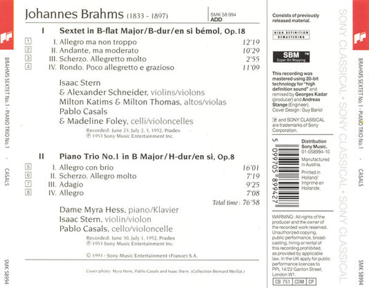 Pablo Casals, Johannes Brahms : Sextet No. 1 / Piano Trio No. 1 (CD, Comp)