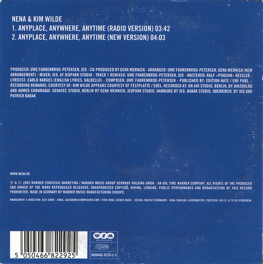 Nena (20) & Kim Wilde : Anyplace, Anywhere, Anytime (CD, Single, Car)
