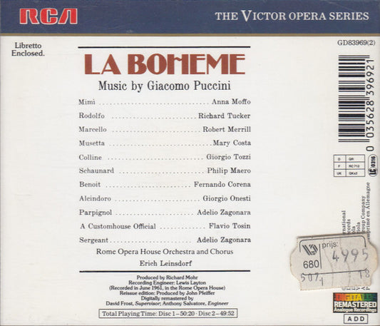 Puccini* / Moffo* • Tucker* • Costa* / Merrill* • Tozzi* • Maero* / Rome Opera House Orchestra* And Chorus* / Leinsdorf* : La Boheme (2xCD, RE, RM)
