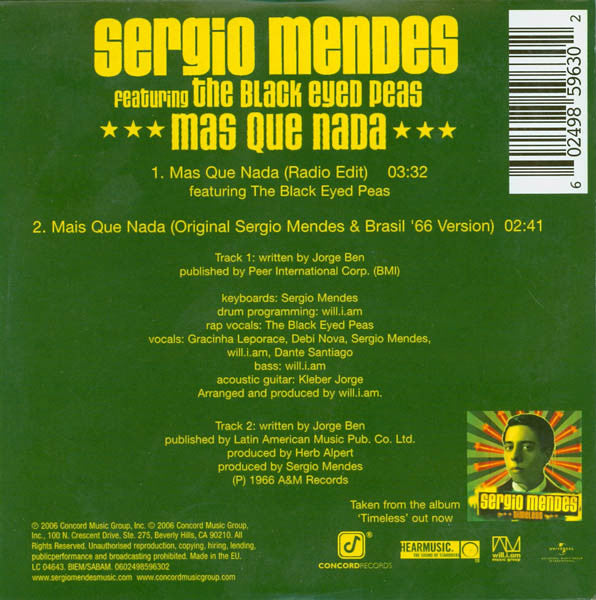 Sergio Mendes* Featuring The Black Eyed Peas* : Mas Que Nada (CD, Single)