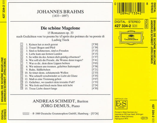 Johannes Brahms, Andreas Schmidt (2) ∙ Jörg Demus : Die Schöne Magelone (CD)