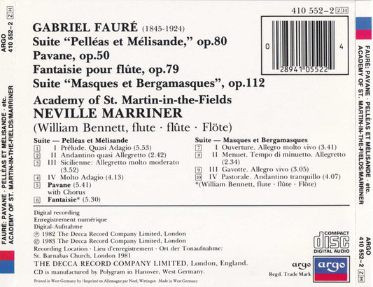 Gabriel Fauré - The Academy Of St. Martin-in-the-Fields · Sir Neville Marriner : Pavane • Pelléas Et Mélisande • Masques Et Bergamasques Suite • Fantaisie For Flute (CD, Album)