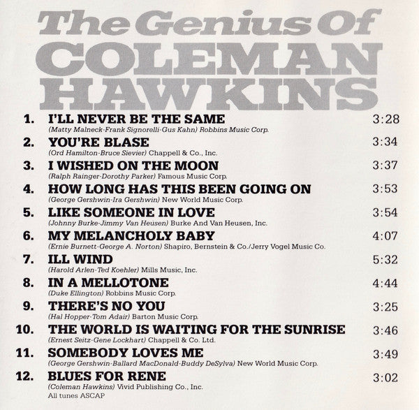 Coleman Hawkins : The Genius Of Coleman Hawkins (CD, Album, RE)