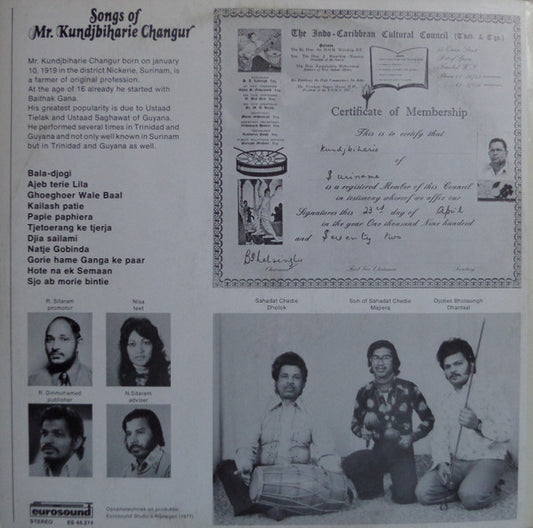 Mr. Kundjbiharie Changur : Songs Of Mr. Kundjbiharie Changur (LP, Album)