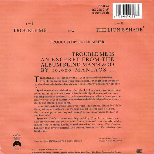 10,000 Maniacs : Trouble Me (7", Single)