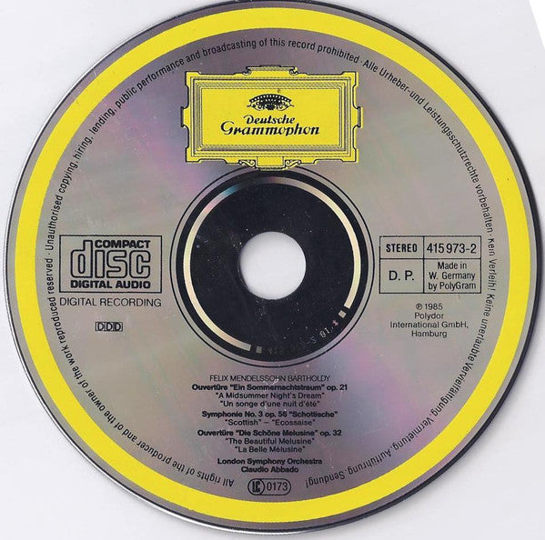 Felix Mendelssohn-Bartholdy / London Symphony Orchestra, Claudio Abbado : Symphonie No. 3 »Schottische = Scottish = Ecossaise« / Ouvertüren: Ein Sommernachtstraum = A Midsummer Night's Dream = Songe D'une Nuit D'Eté • Die Schöne Melusine (CD, Album, RE)