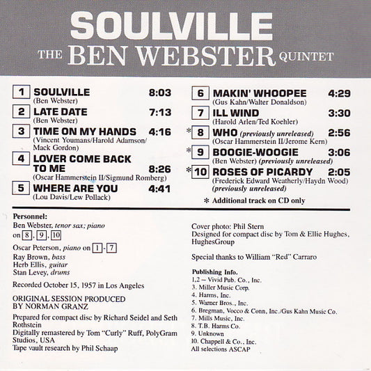 The Ben Webster Quintet : Soulville (CD, Album, Mono, RE, RM)