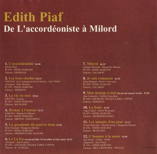 Edith Piaf : De L'accordéoniste À Milord (CD, Comp, RE, Cop)