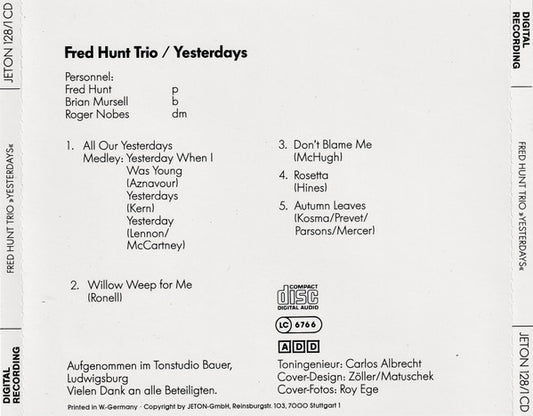 Fred Hunt Trio : Yesterdays (CD, Album)