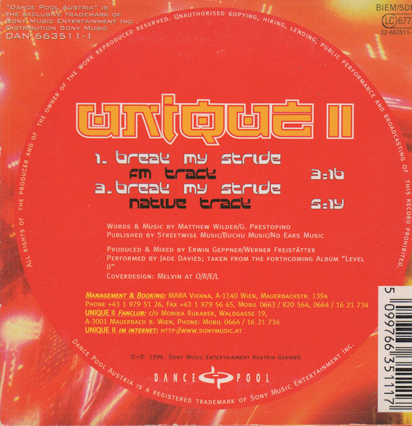 Unique II : Break My Stride (CD, Single, Car)