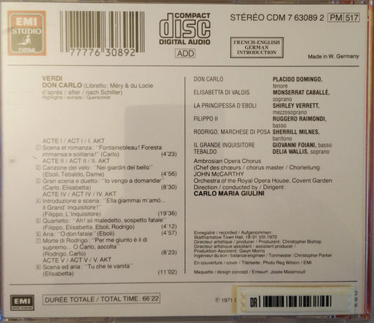 Verdi* - Domingo*, Caballé*, Verrett*, Raimondi*, Milnes*, Ambrosian Opera Chorus*, Orchestra Of The Royal Opera House, Covent Garden, Giulini* : Don Carlos (Highlights) (CD, Comp, RE, RM)