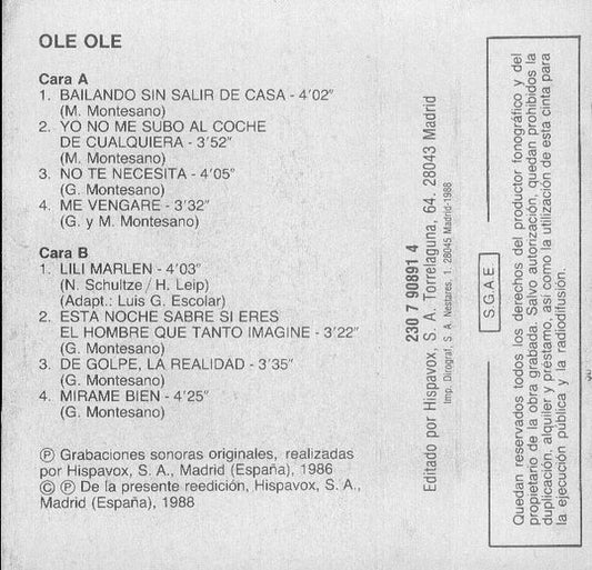 Ole Ole : Bailando Sin Salir De Casa, Lili Marlen, Yo No Me Subo Al Coche De Cualquiera (Cass, Album)