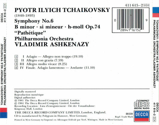 Pyotr Ilyich Tchaikovsky, Philharmonia Orchestra, Vladimir Ashkenazy : Symphony No.6 'Pathetique' (CD, M/Print)