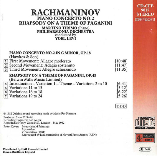 Sergei Vasilyevich Rachmaninoff, Martino Tirimo, Philharmonia Orchestra, Yoel Levi : Piano Concerto No. 2 / Rhapsody On A Theme Of Paganini (CD, RE)