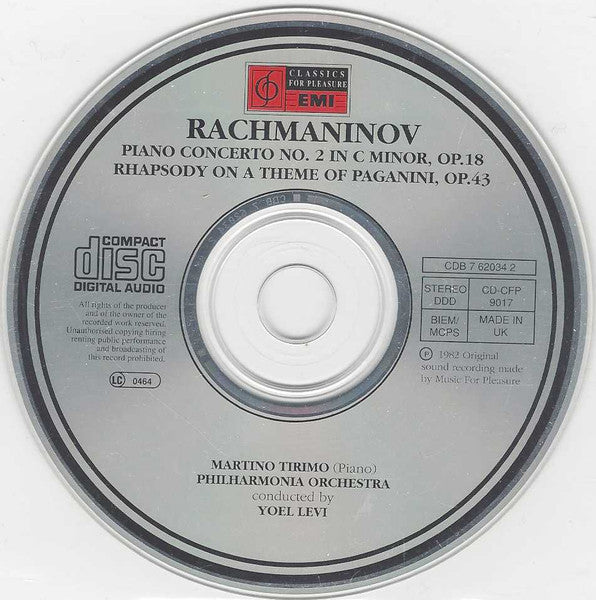 Sergei Vasilyevich Rachmaninoff, Martino Tirimo, Philharmonia Orchestra, Yoel Levi : Piano Concerto No. 2 / Rhapsody On A Theme Of Paganini (CD, RE)