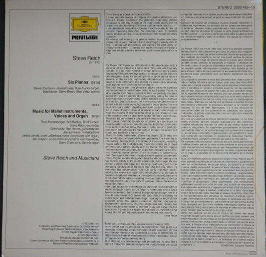 Steve Reich - Steve Reich And Musicians : Six Pianos / Music For Mallet Instruments, Voices And Organ (LP, Album, RE)