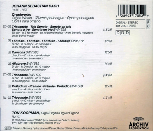 Johann Sebastian Bach, Ton Koopman : Orgelwerke = Organ Works = Œuvres Pour Orgue: Triosonaten BWV 525•526•529 • Fantasie BWV 572 • Canzona BWV 588 • Allabreve BWV 589 • Präludium BWV 569 (CD, Album, RE)