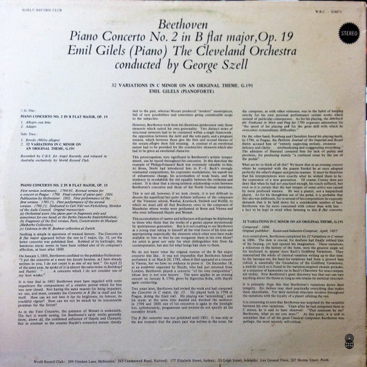 Ludwig van Beethoven / Emil Gilels / The Cleveland Orchestra / George Szell : Concerto No. 2 In B Flat Major, Op. 19 (LP, Album, Club, RE)