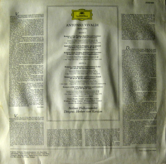 Antonio Vivaldi, Berliner Philharmoniker • Herbert Von Karajan : 6 Concerti «L'Amoroso» U.A. (LP)
