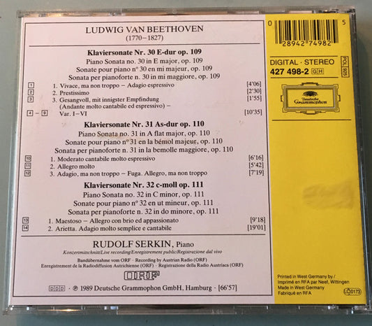 Ludwig van Beethoven, Rudolf Serkin : Klaviersonaten = Piano Sonatas Op. 109 • Op. 110 • Op. 111 (CD, RE)