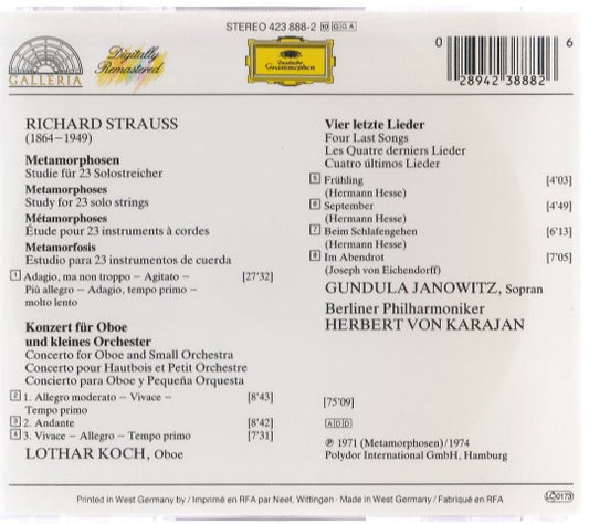 Richard Strauss / Gundula Janowitz, Lothar Koch, Berliner Philharmoniker, Herbert von Karajan : Four Last Songs - Metamorphosen - Oboe Concerto (CD, Comp)