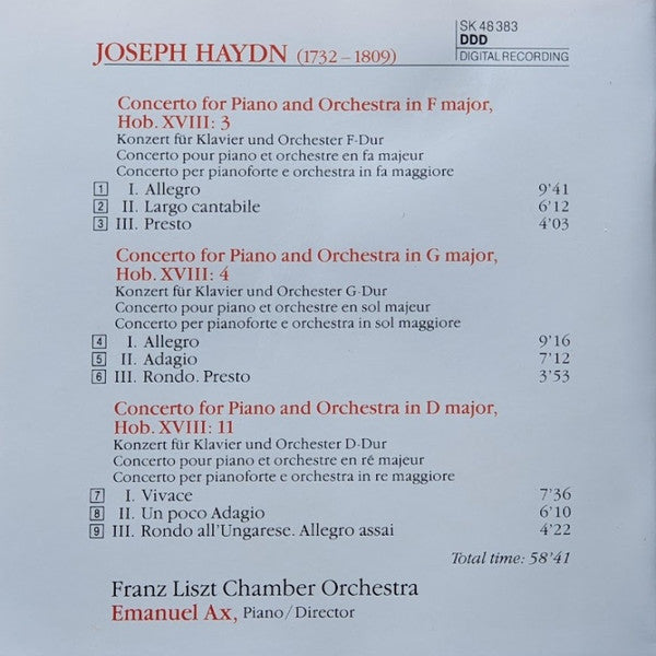 Joseph Haydn - Emanuel Ax - Liszt Ferenc Chamber Orchestra : Piano Concertos / F Major - G Major - D Major (CD)