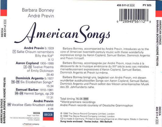 Aaron Copland / Samuel Barber / André Previn / Dominick Argento, Barbara Bonney, André Previn : American Songs (CD, Album)