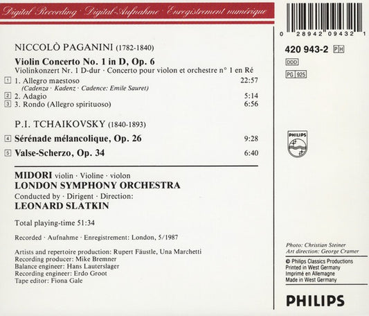Niccolò Paganini / Pyotr Ilyich Tchaikovsky – Midori Goto, London Symphony Orchestra, Leonard Slatkin : Violin Concerto No. 1 / Sérénade Mélancolique · Valse Scherzo (CD, Album, PDO)