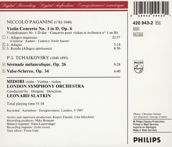 Niccolò Paganini / Pyotr Ilyich Tchaikovsky – Midori Goto, London Symphony Orchestra, Leonard Slatkin : Violin Concerto No. 1 / Sérénade Mélancolique · Valse Scherzo (CD, Album, PDO)