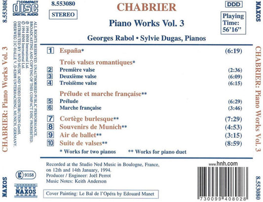Emmanuel Chabrier, Georges Rabol, Sylvie Dugas : Piano Works Vol. 3 (CD)